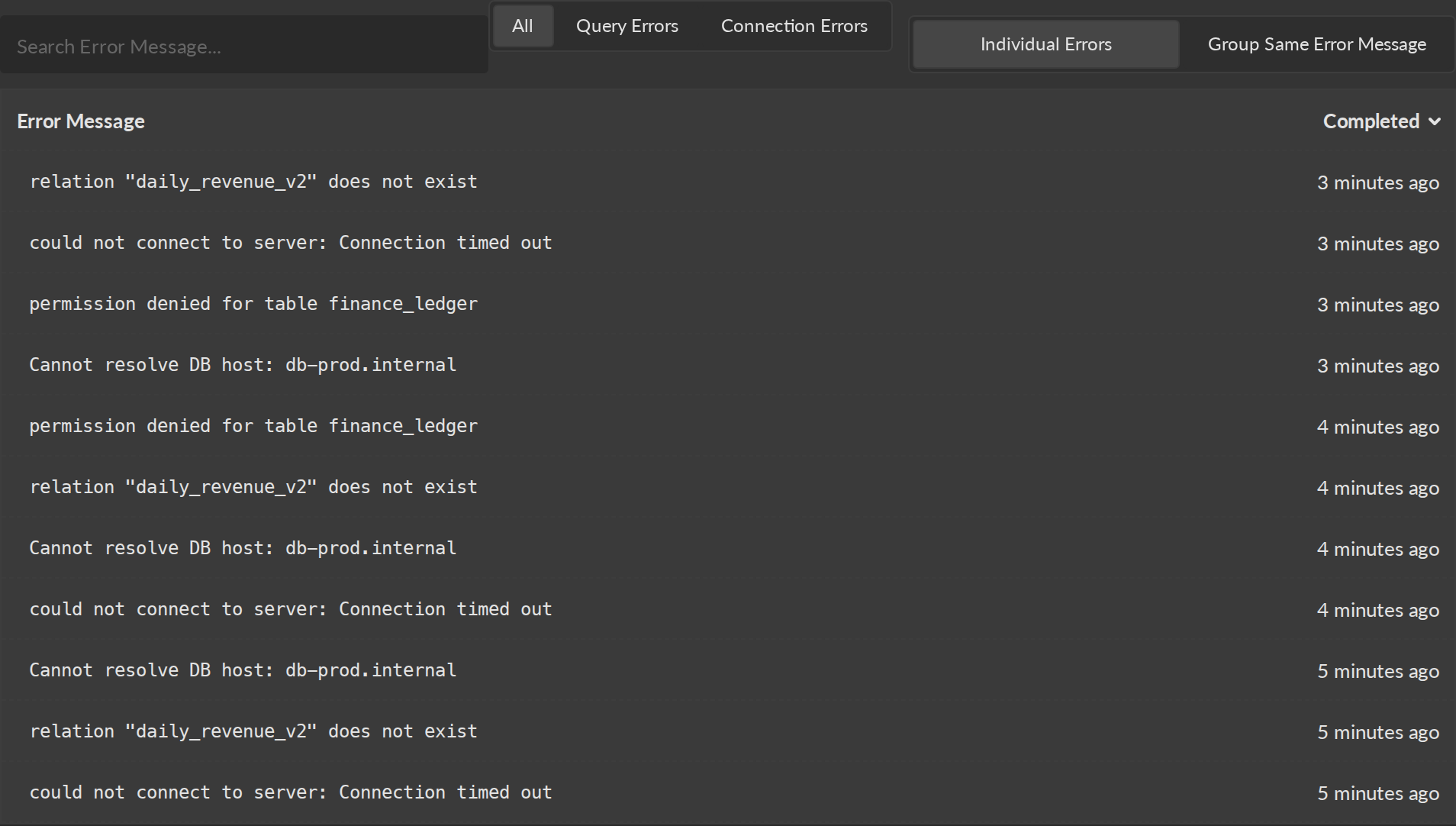 Query errors filtered by kind
