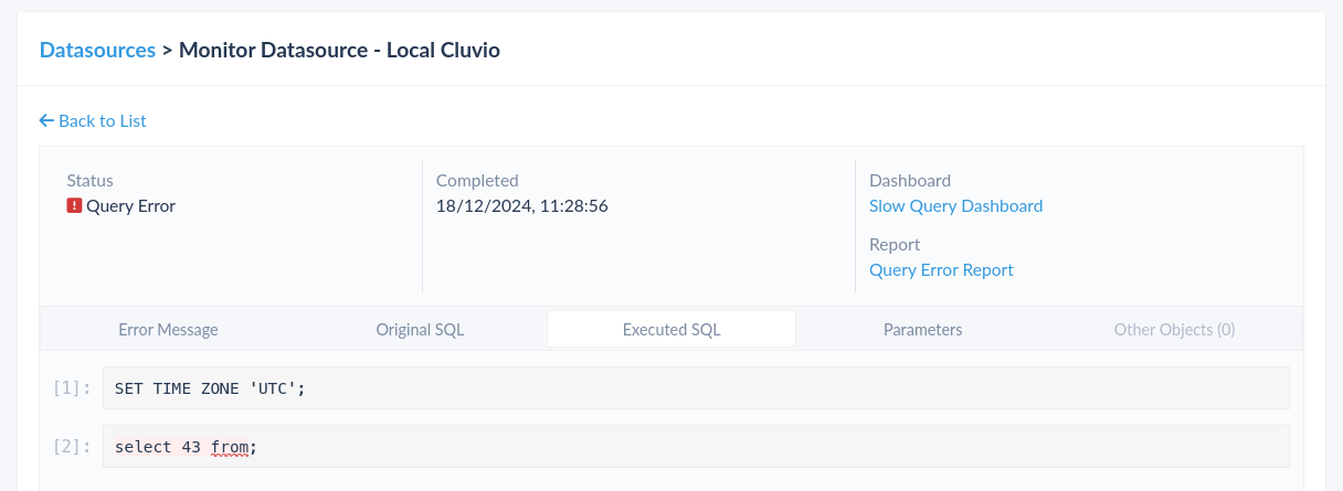 Query error detail with the syntax error highlighted