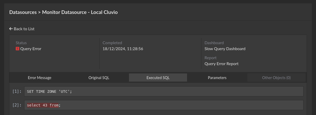 Query error detail with the syntax error highlighted