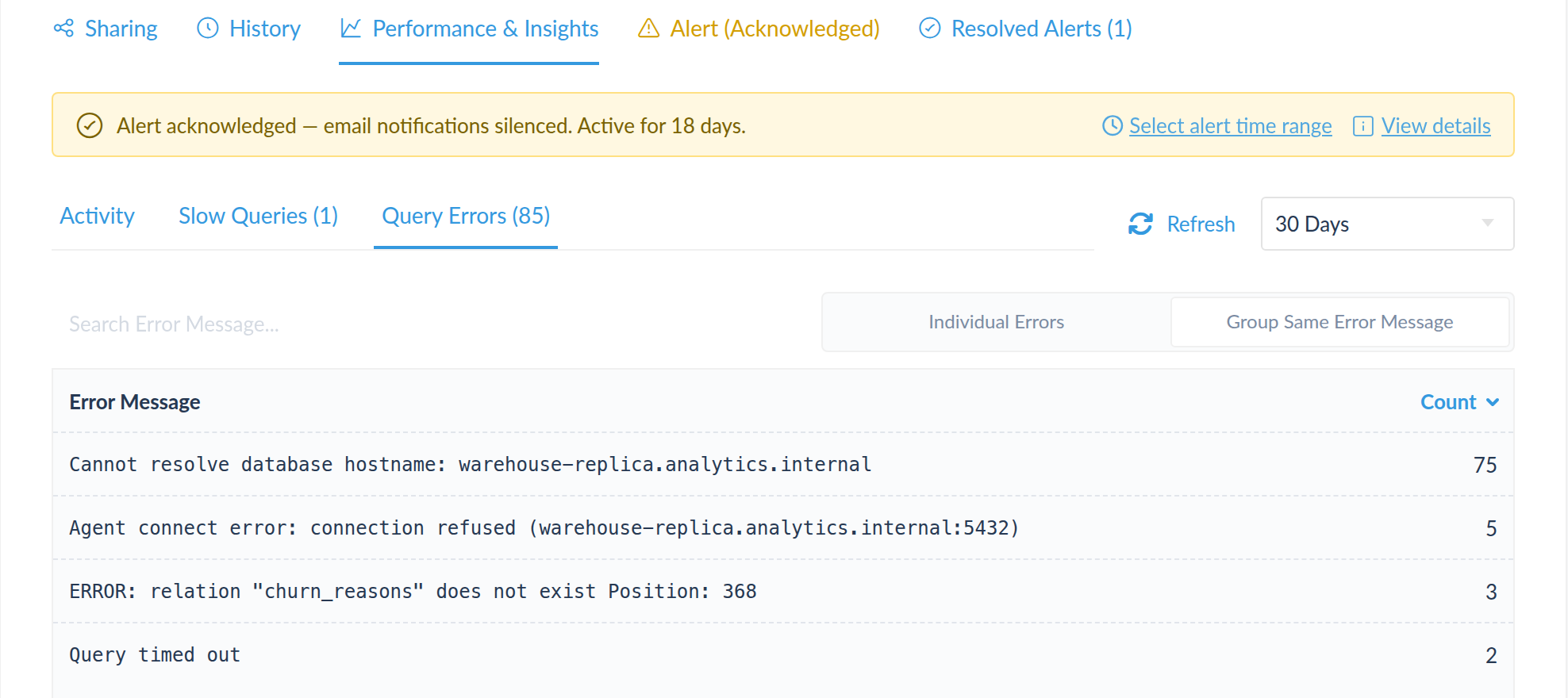 Query Errors grouped by message