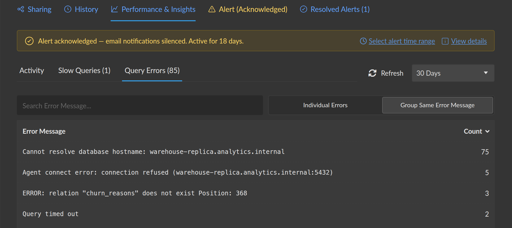Query Errors grouped by message